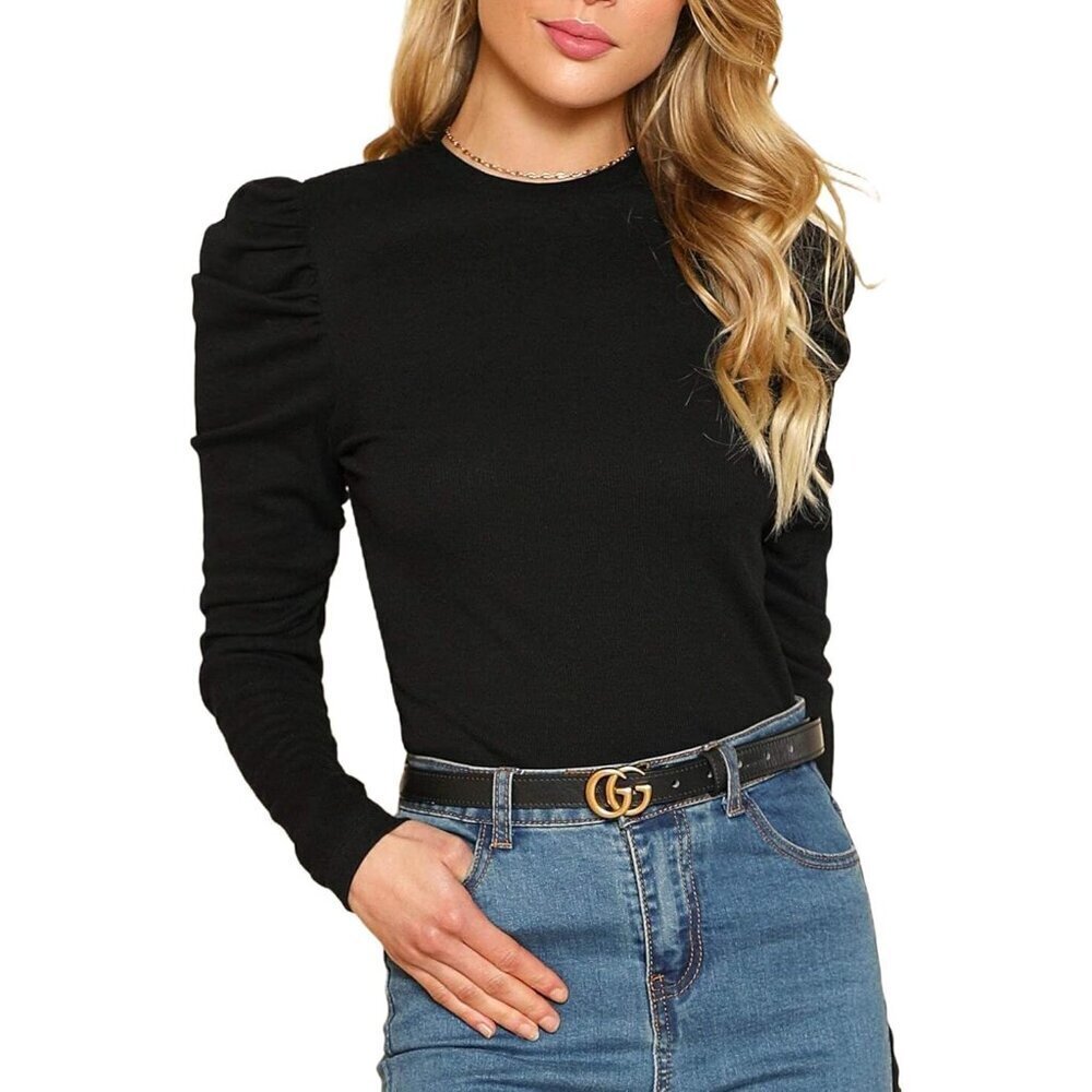 Women's Solid Long Sleeve Puff Top Slim Fit Crewneck Casual Chic